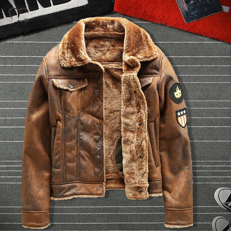 Air Force Pilot Leather Jacket Men Plus Velvet Thickened PU Leather Jacket Male Fur Coat Outwear Autumn Winter Men Clothing